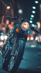 Cafe racer motorcycle glows under neon city night rain