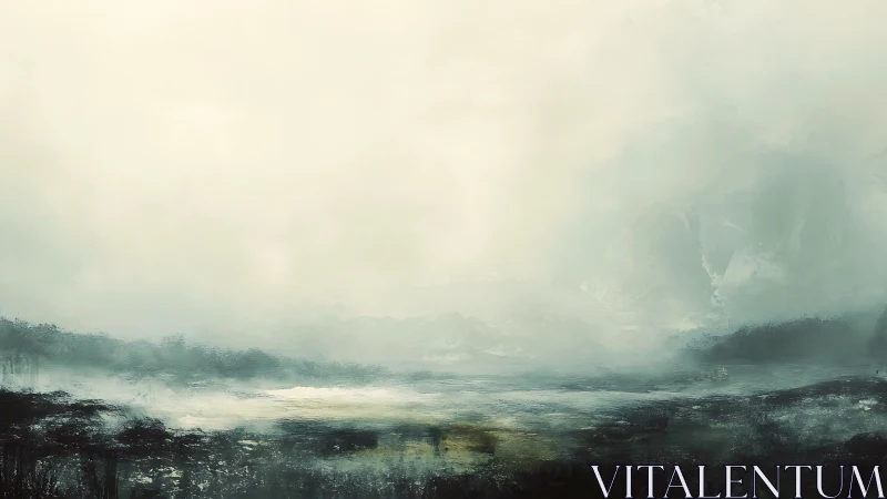 Muted ethereal marshland under expansive misty sky panorama.