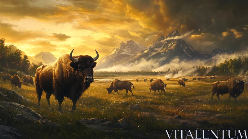 Bison herd crosses golden valley beneath storm mountains.