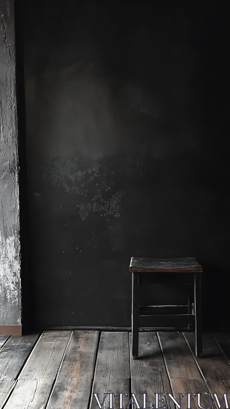 Solitary wooden stool quietly anchors a shadow-drenched corner