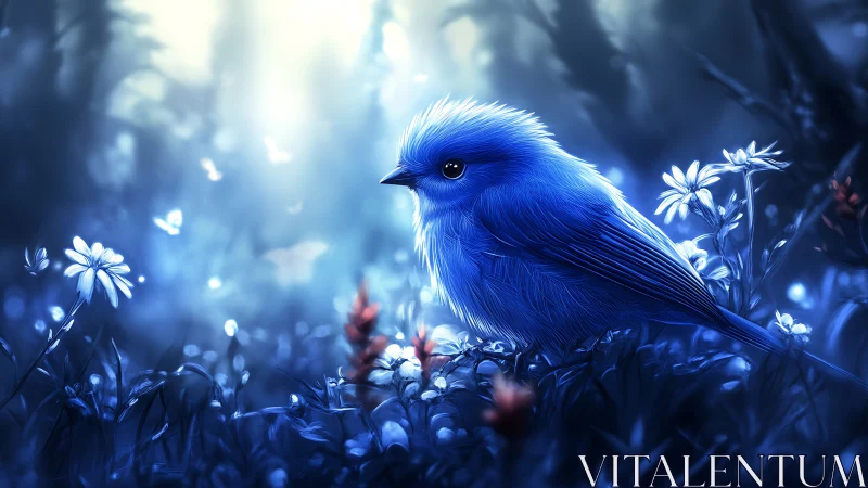 Dreamy Blue Songbird in Enchanted Forest, Fantasy Art Style.