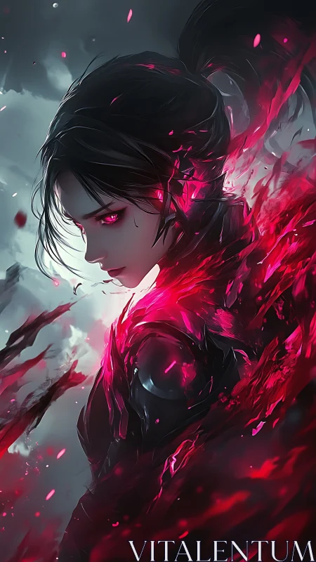 Dark warrior channels crimson energy shards mid-storm.