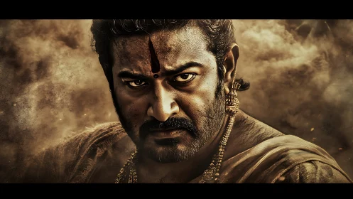 Intense warrior gaze emerging from swirling golden dust.