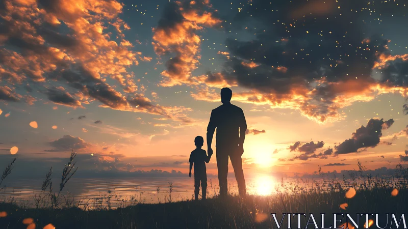 Silhouetted father and child observe luminous sunset horizon