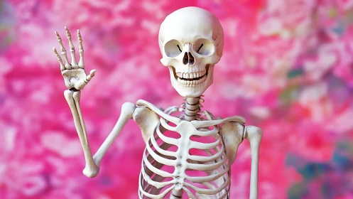 Smiling skeleton waves cheerfully against bright pink colors