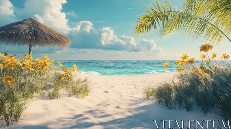 Tropical beach scene with thatched umbrella, palm vegetation, and ocean horizon