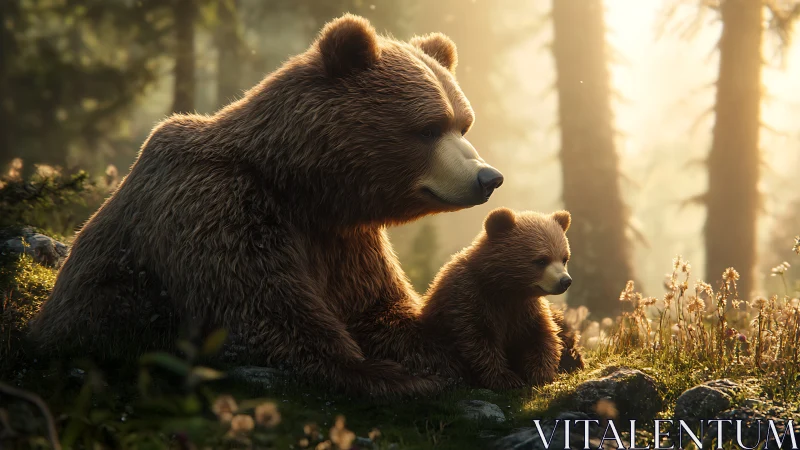 Mother bear and cub rest in a softly glowing forest clearing