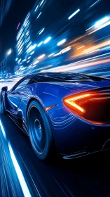 Neon blue supercar slicing through an electric nightscape.