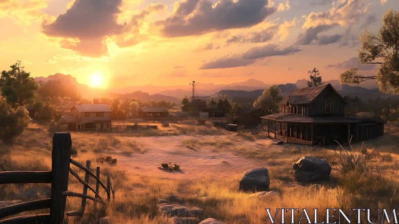 Procedural frontier homestead at volumetric desert sunset.