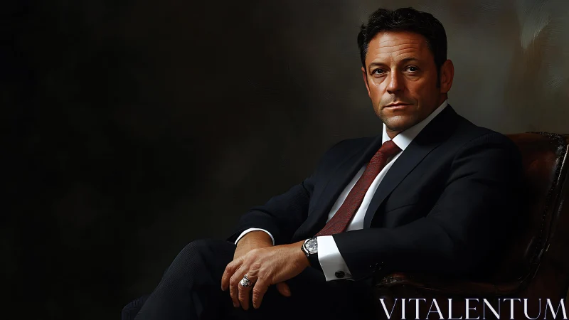 Corporate portrait in chiaroscuro lighting, seated executive.