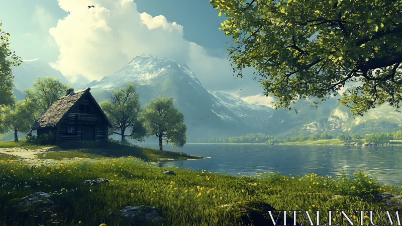 Lakeside cabin under towering alpine mountains at dawn.