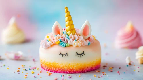 Unicorn themed mini cake shows pastel icing and gold horn