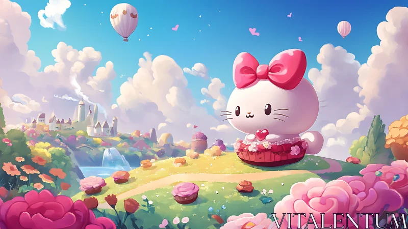 Whimsical Cloud Kingdom with Adorable Cat Character.