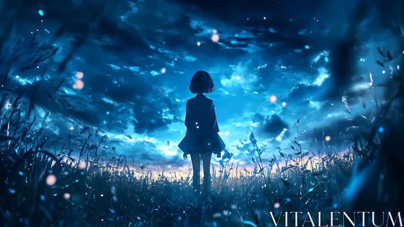 Girl stands in glowing field under vast blue night sky.