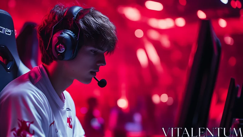 Esports competitor focused at RGB-lit gaming station.