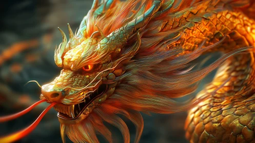 Golden dragon rises in glowing flame and swirling embers