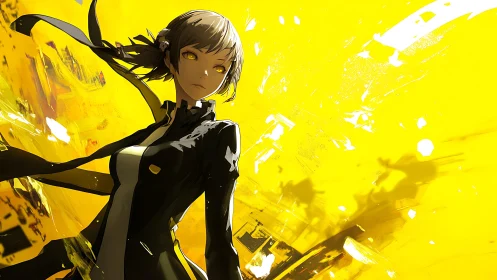 Stoic anime heroine stands before vivid yellow energy field