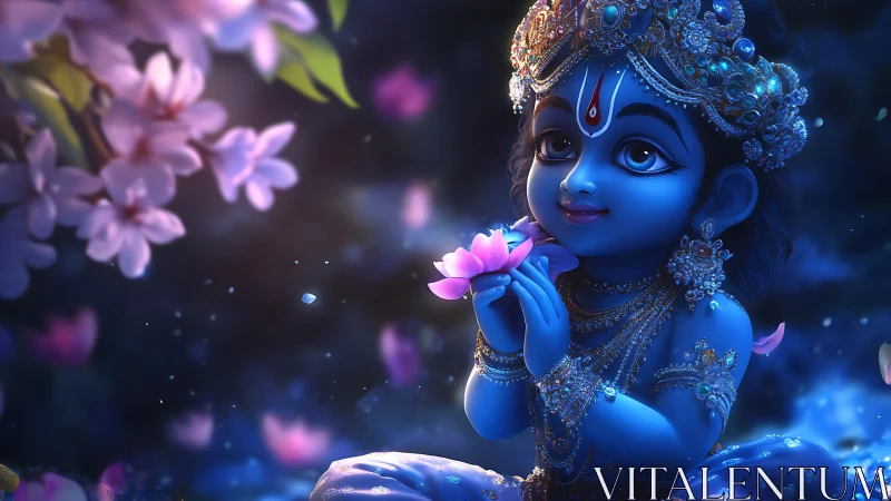 Divine blue child deity holds glowing lotus under blossoms