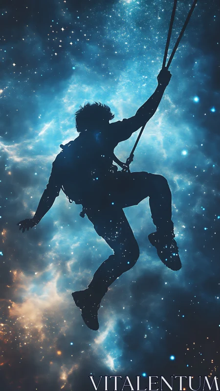 Silhouetted cosmic climber suspended against luminous nebula sky.