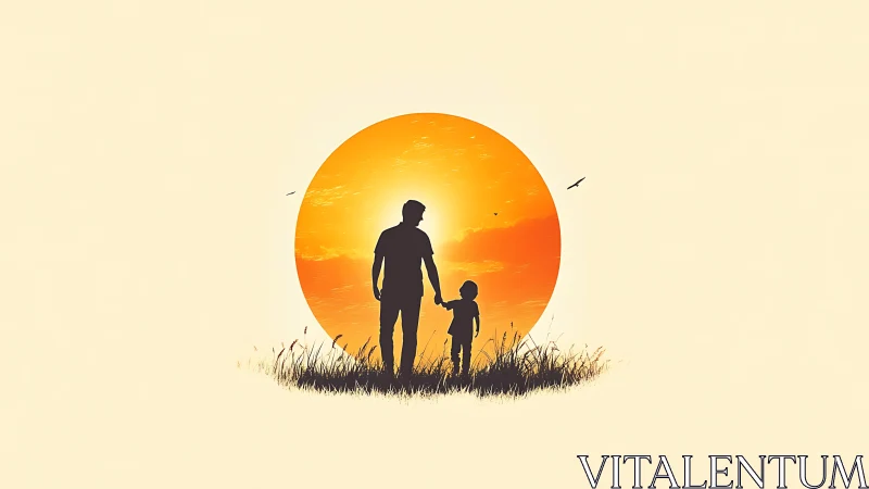 Silhouetted father and child stand before stylized sunset circle