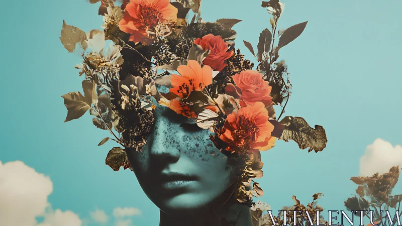 Surreal floral portrait with botanical headpiece composition.