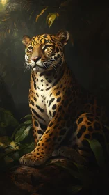 Majestic jaguar resting softly in warm jungle sunlight.