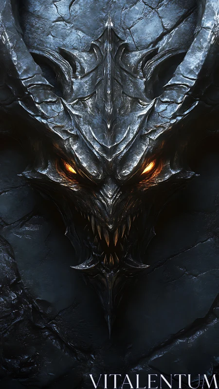 Demonic steel skull with burning eyes on cracked stone wall.