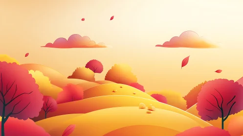Autumn landscape shows rolling hills, stylized trees, and clouds