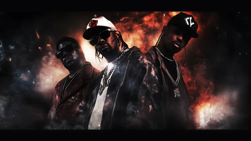 Three hip-hop figures stand before digitally composited flames