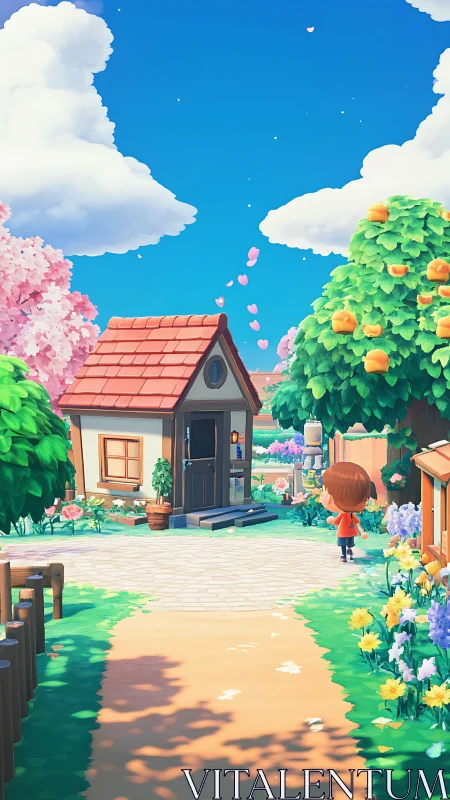 Sunlit island cottage stroll under clouds and orange trees.