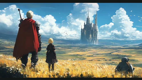 Warrior trio surveying distant citadel across golden plains.