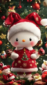 Cartoon snowman figure in red Christmas outfit holding baubles.