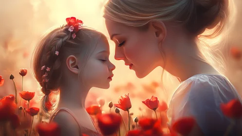 Mother and Child Portrait in Luminous Poppy Field with Atmospheric Backlighting