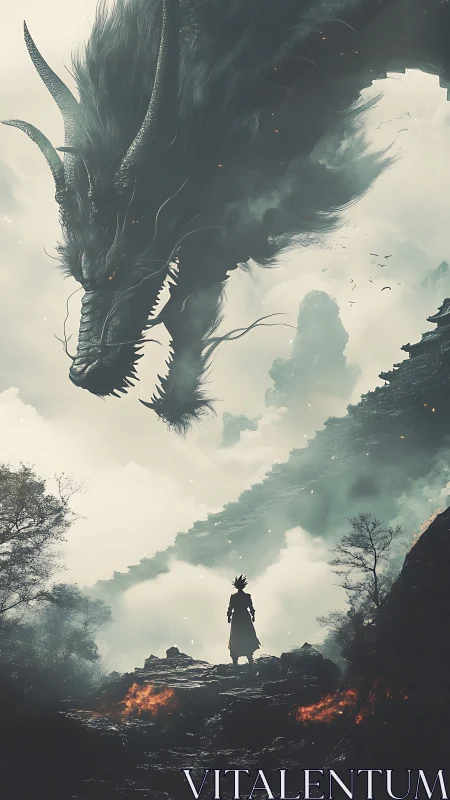 Storm-breath dragon looms above lone warrior on burning path.