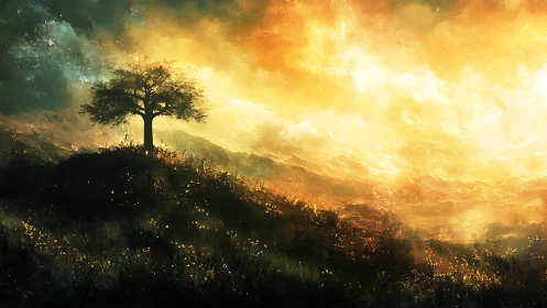 Solitary hilltop tree under radiant golden storm sky.