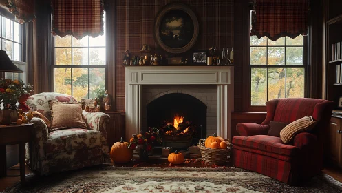 Autumn pumpkins quietly orbit a firelit, plaid-wrapped hearth