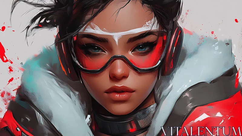 Intense cyber heroine in red visor and arctic jacket portrait.
