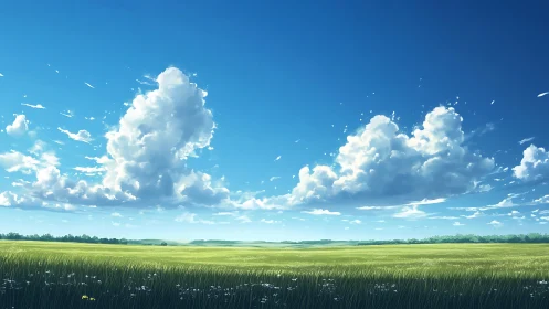 Expansive summer grassland under towering cumulus clouds