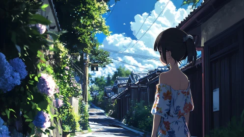 Backlit summer alley with anime girl in floral dress observing