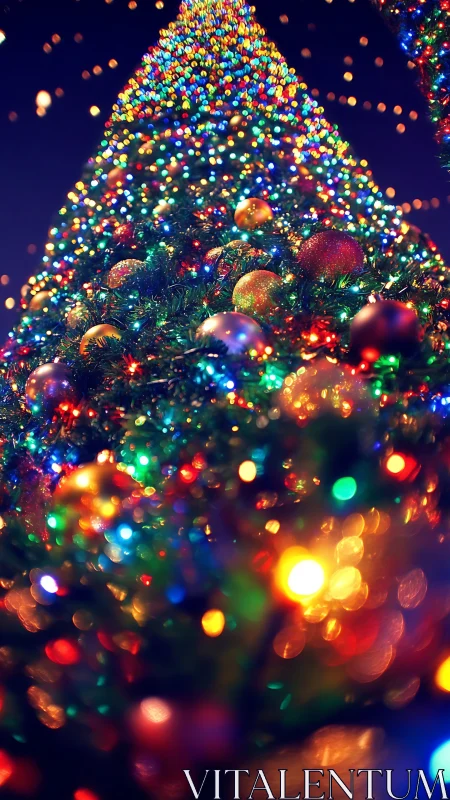 Vertical bokeh-rich Christmas tree with dense multicolor LEDs