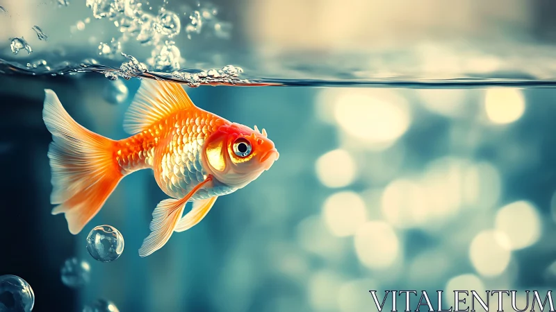 Glowing goldfish glides through shimmering water surface.