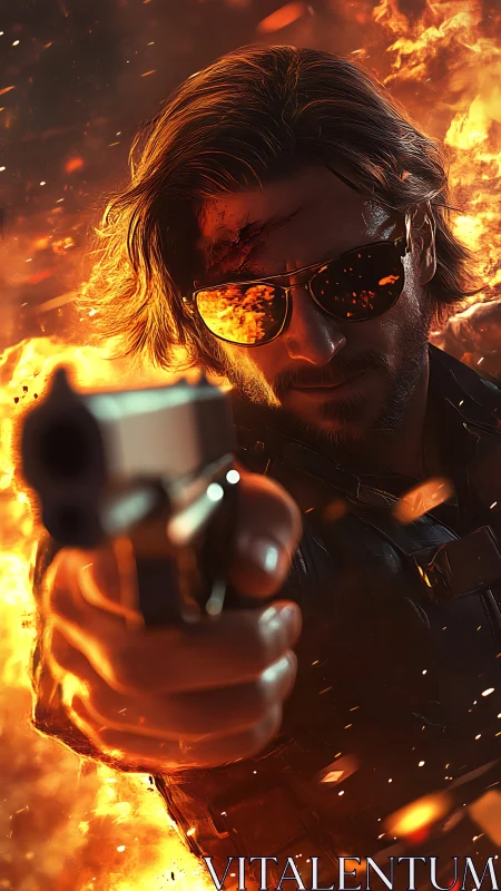 Action gunman amid explosive flames in intense standoff.