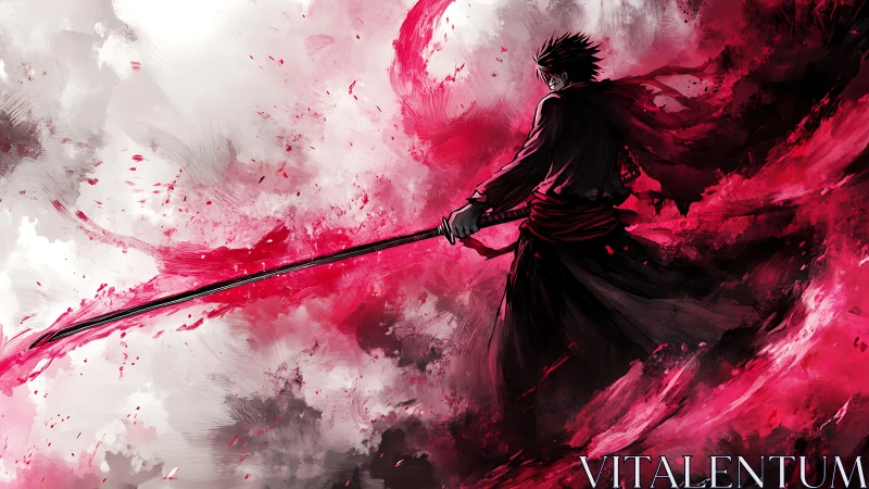 Dynamic anime swordsman in red kinetic brushstorm composition.