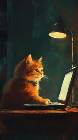 Orange Cat Working Late at Computer Desk.