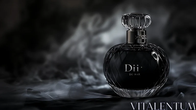 Luxurious faceted perfume bottle in cinematic smoke ambience.