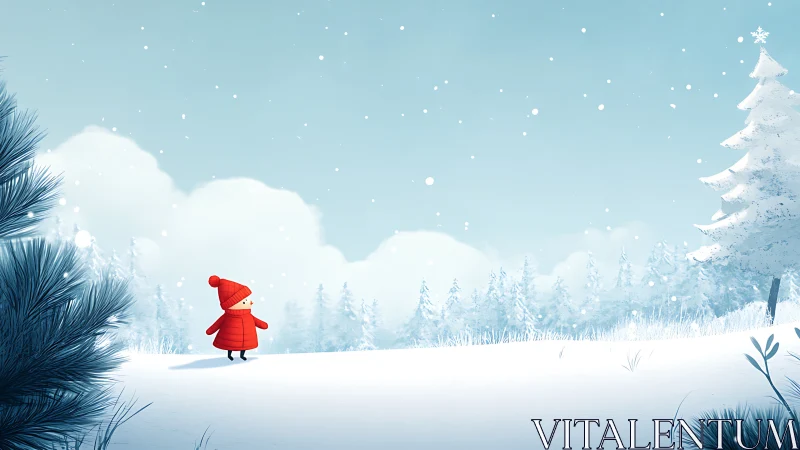 Child in red coat standing in quiet snowy winter field.