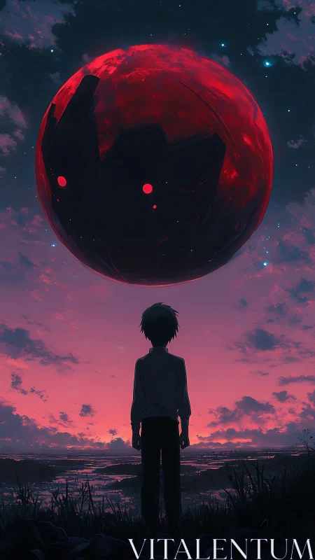 Crimson planet hangs over a lone dreamer at twilight’s edge
