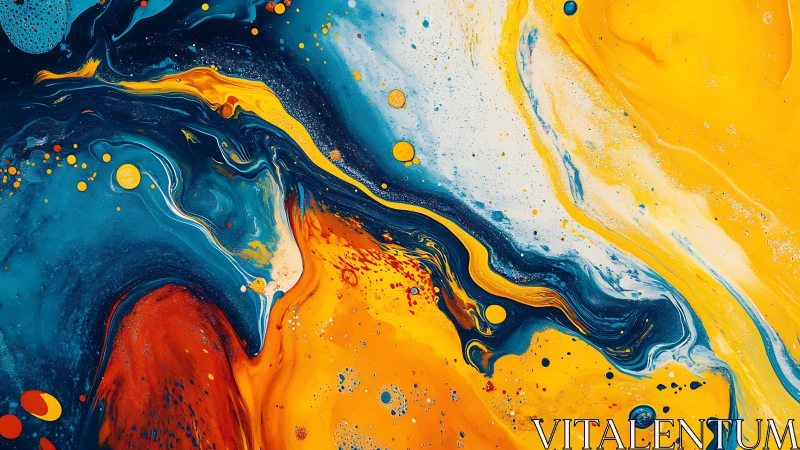 Liquid pigments form swirling abstract blue and yellow composition