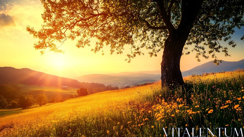 Sunlit hillside meadow under solitary tree at golden hour.