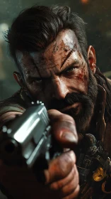 Battle-scarred soldier aims pistol with intense, cinematic focus